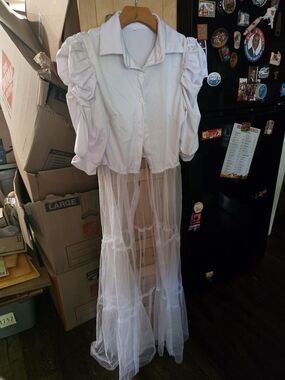 Women's Sheer White Lace Trim Shirt with Puff Sleeve Top